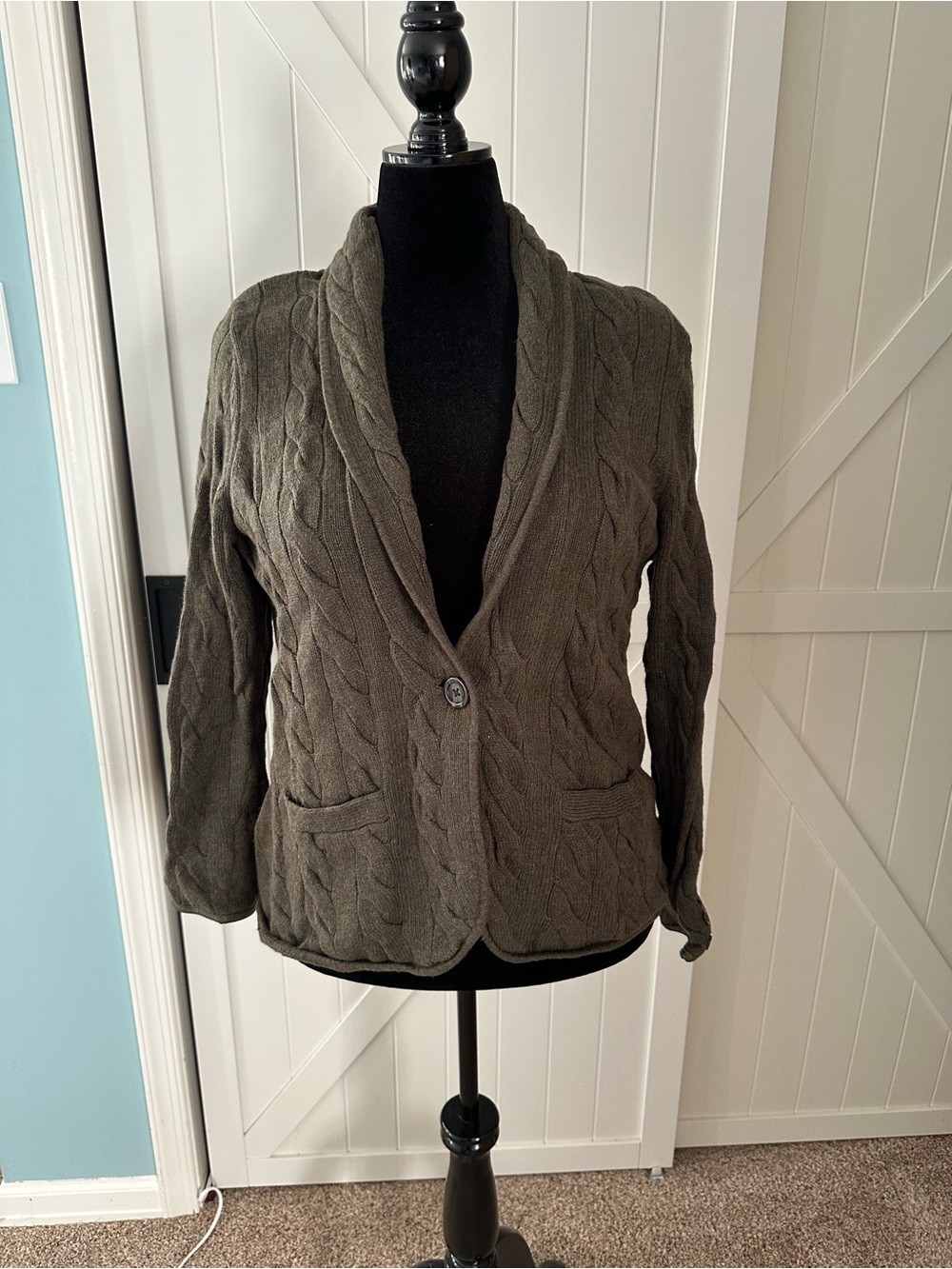 Talbots Petite XLP Olive Green Cable Knit Wool Blend Blazer Sweater Cardigan